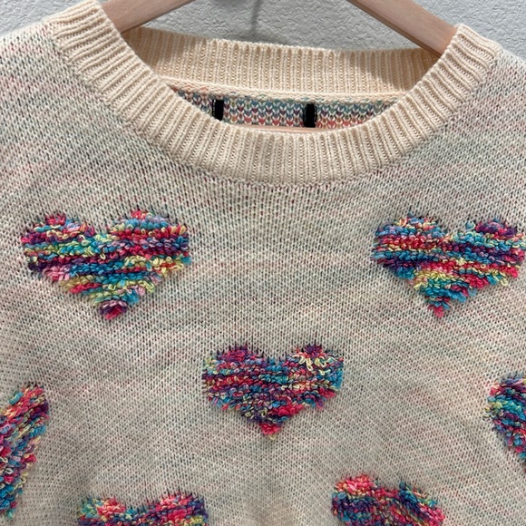 Cream Sweater With Raised Multi-Colored Hearts Size L - Picture 2 of 7